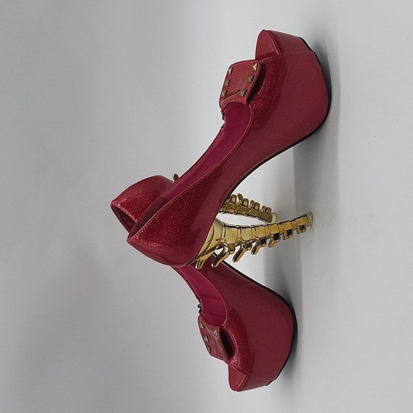 37- Show Story Skull Heel Pink Glitter Platform Heels Sz 10 Open Toe Studded - Picture 9 of 14